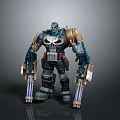 Mechanical Warrior Robot With Skull Emblem Blue Gold Armor And Dual Weapons