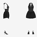 Stylish Black Halter Neck Dress With Patterned Bodice Fitted Waist And Matching Shoes