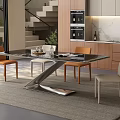 Modern Dining Table Set With Glass Top Metal Legs And Orange Beige Chairs