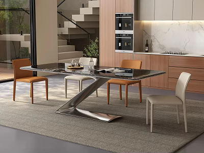 Modern Dining Table Set With Glass Top Metal Legs And Orange Beige Chairs 3d model