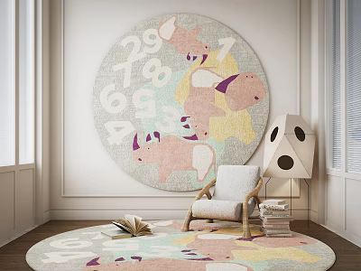Round Rug With Numbers Animals In Cozy Room With Chair Lamp 3d model