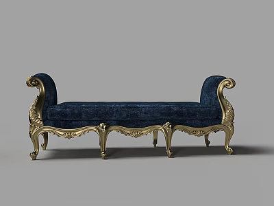 Luxury Blue Velvet Ottoman With Golden Carved Legs And Curved Armrests 3d model