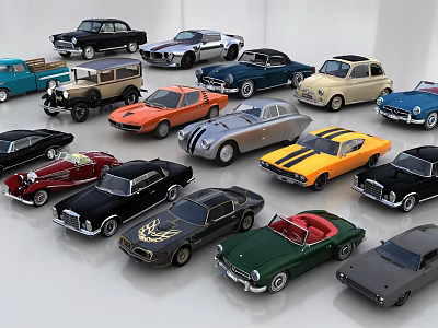 Diverse Vintage Classic Car Models Display With Multiple Colors And Retro Designs 3d model