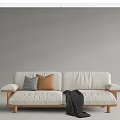 Modern White Fabric Two Seater Sofa With Gray Checkered Brown Pillows And Black Throw Blanket