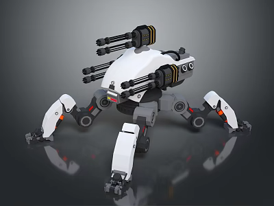 Game Movie Character With Mechanical Design Multiple Cannons Mechanical Legs White Black Body Red Accents 3d model
