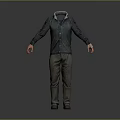 3D Character Model Wearing Dark Jacket Green Pants With Red Hands On Gray Background