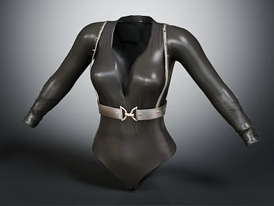 Black Long Sleeved Bodysuit With Deep V Neckline Gold Waist Belt And Buckle 3d model
