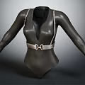 Black Long Sleeved Bodysuit With Deep V Neckline Gold Waist Belt And Buckle