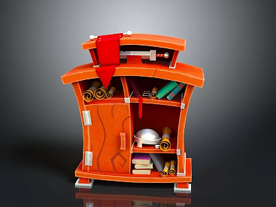 Orange Wooden Cabinet With Multiple Shelves Holding Scrolls Books Green Folders And White Helmet 3d model