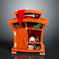 Orange Wooden Cabinet With Multiple Shelves Holding Scrolls Books Green Folders And White Helmet