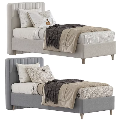 Modern Single Bed Design With Upholstered Headboard And Soft Bedding In Gray Beige 3d model