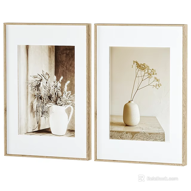 Two Framed Decorative Wall Art With Wooden Frames Dried Flowers And White Vase Pitcher 3d model 