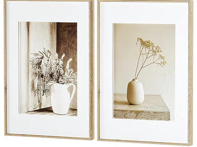 Two Framed Decorative Wall Art With Wooden Frames Dried Flowers And White Vase Pitcher 3d model