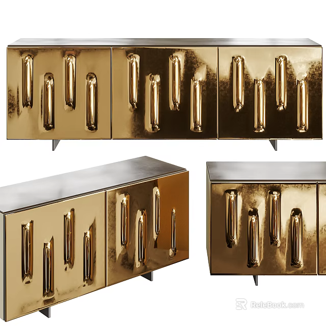 Elegant Golden Console And Side Cabinet With Metallic Finish Decorative Vertical Accents 3d model 