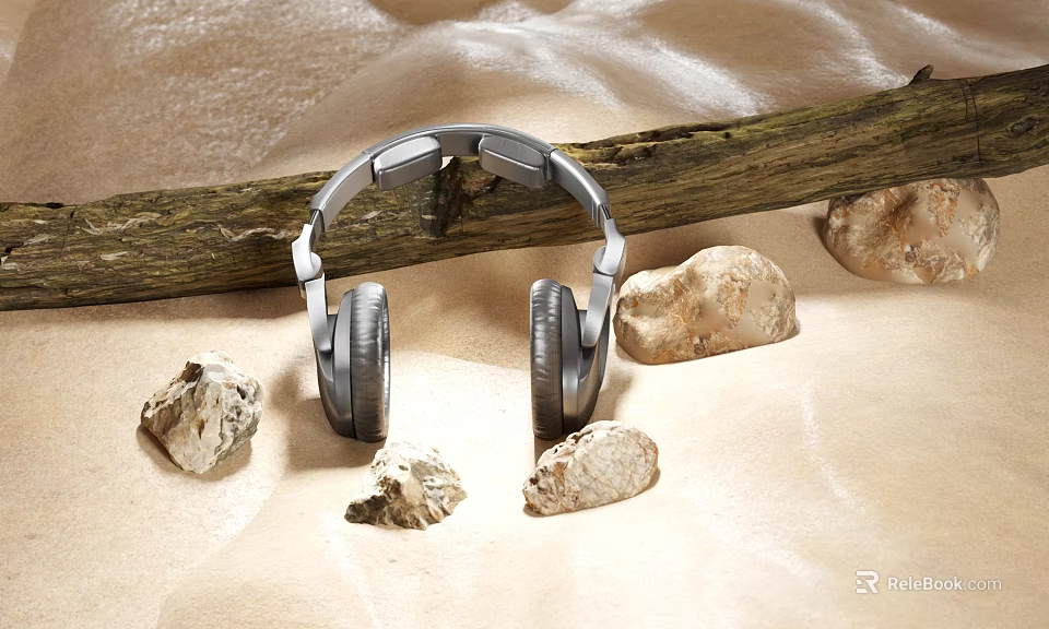 Silver Headphones On Light Colored Background With Wooden Log And Stones 3d model 