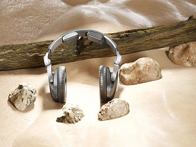 Silver Headphones On Light Colored Background With Wooden Log And Stones 3d model
