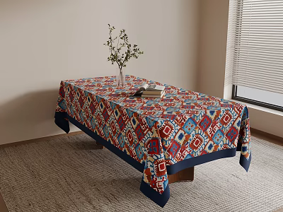Colorful Geometric Pattern Tablecloth On Table With Vase Green Plant Book Window Blinds And Carpet 3d model