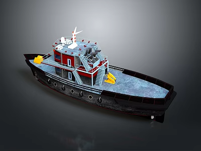 3D Model Tugboat Water Transport With Red Superstructure Yellow Equipment On Deck And Staircase 3d model