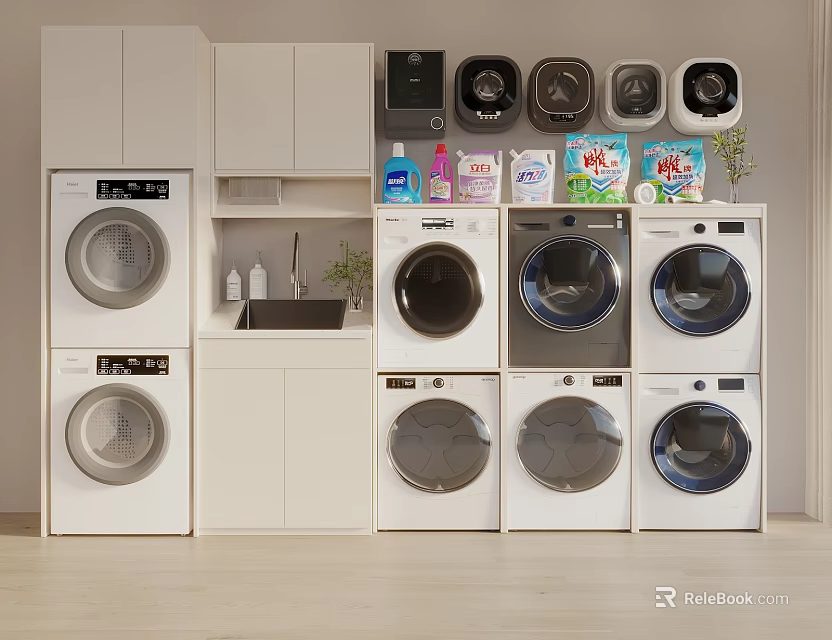 Modern Laundry Room With Multiple Washing Machines White Cabinetry And Detergent Products 3d model 