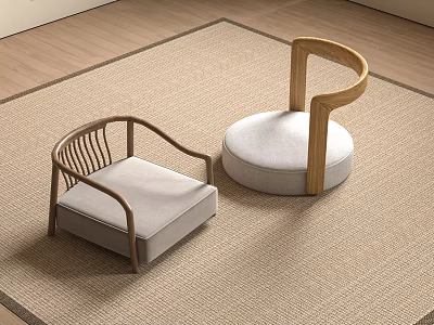 Modern Interior With Two Chairs Wooden Frame And Gray Cushions On Rug 3d model