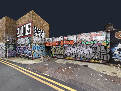 Urban Commercial Street With Colorful Graffiti On Brick Walls And Double Yellow Lines 3d model