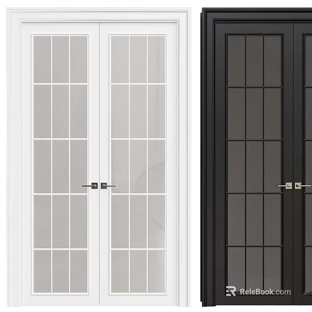 Modern Double Doors With White And Black Frames And Glass Panes 3d model 