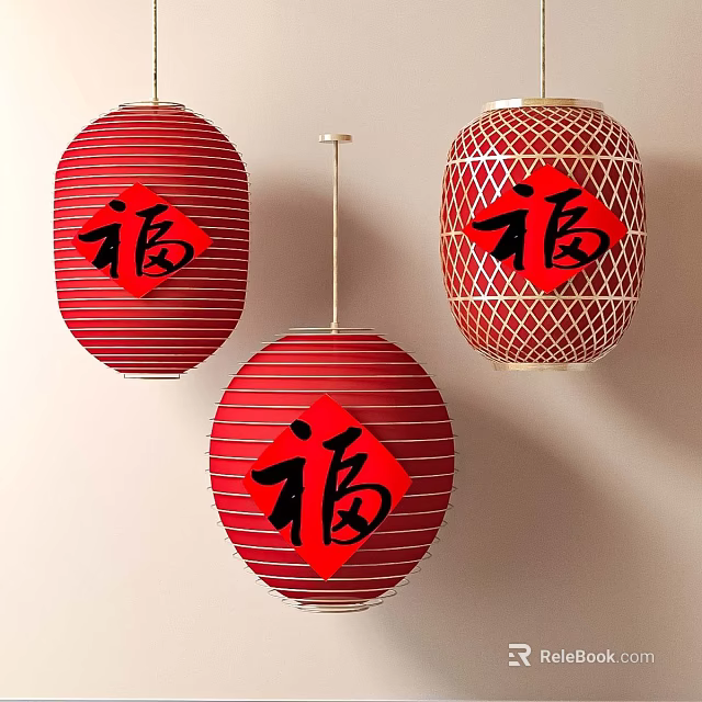Traditional Red Chinese Lanterns with Fu Character Hanging for Festive Decoration 3d model 