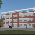 Red Brick Multi Story Office Building With White Frames Flat Roof And Green Trees Around