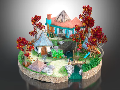 Cartoon Scene With Small Cottages Colorful Trees Small Bridge Stream Slide And Green Plants 3d model