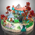 Cartoon Scene With Small Cottages Colorful Trees Small Bridge Stream Slide And Green Plants