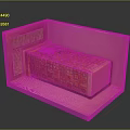 Decorative Indoor Setting Featuring Orange Gold Patterned Chest With Pink Walls And Golden Grille Structure