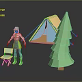 Yellow and Blue Camping Tent with Green Tree Wooden Chair and Character