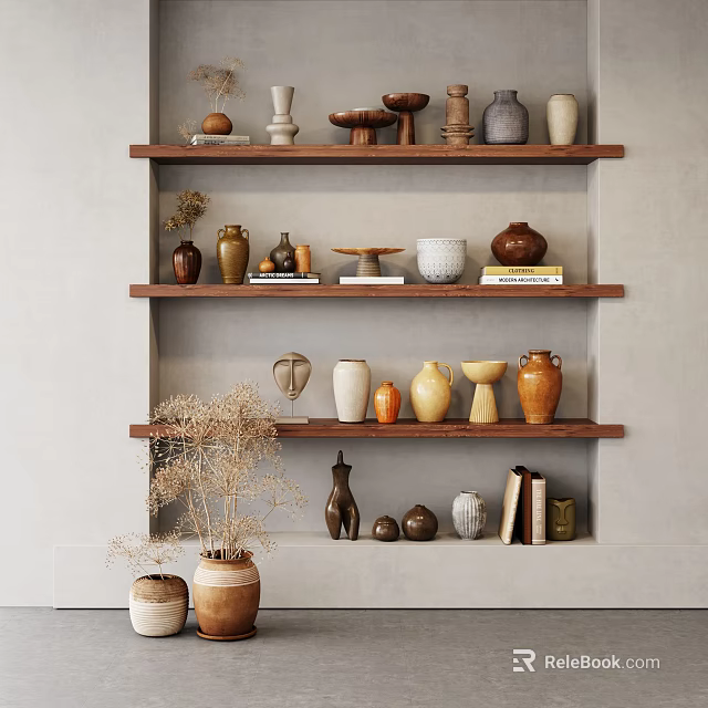 Ceramic Vessels Displayed on Wooden Wall Mounted Shelves with Books and Dried Plants Decoration 3d model 