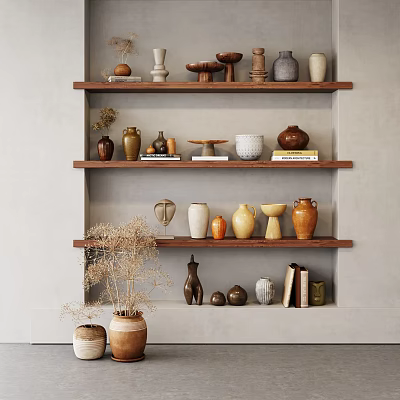 Ceramic Vessels Displayed on Wooden Wall Mounted Shelves with Books and Dried Plants Decoration 3d model