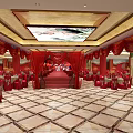 Elegant Banquet Hall with Red Curtains Golden Ceiling and Geometric Pattern Carpet 3d model