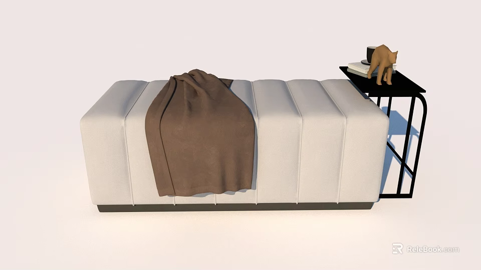 Light Gray Sofa Bench With Brown Blanket Black Side Table Teddy Bear And Books 3d model 