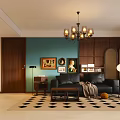 Modern Living Dining Room With Black Sofa Blue Wall Wooden Decor Chandelier And Green Plant