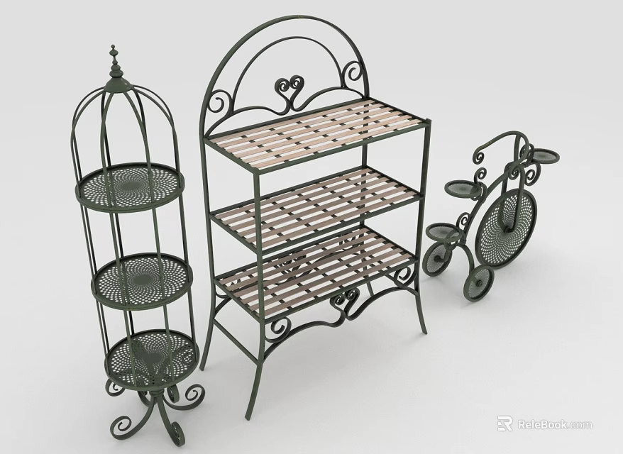 Ornate Iron Shelving Units With Multi Tier Shelves And Decorative Scrollwork For Home Storage 3d model 