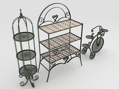 Ornate Iron Shelving Units With Multi Tier Shelves And Decorative Scrollwork For Home Storage 3d model