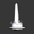 Tall Beige Obelisk Structure With Blue And Pink Decorative Elements On White Circular Base