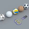Various Sports Equipment Including Soccer Basketball Volleyball Balls and Badminton Rackets on Gray Surface