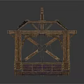 Traditional Wooden Scene Structure With Green Fabric Canopy And Railings