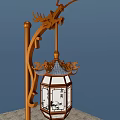 Chinese Style Outdoor Lantern Light With Brown Pole And Decorative Patterned Shade 3d model
