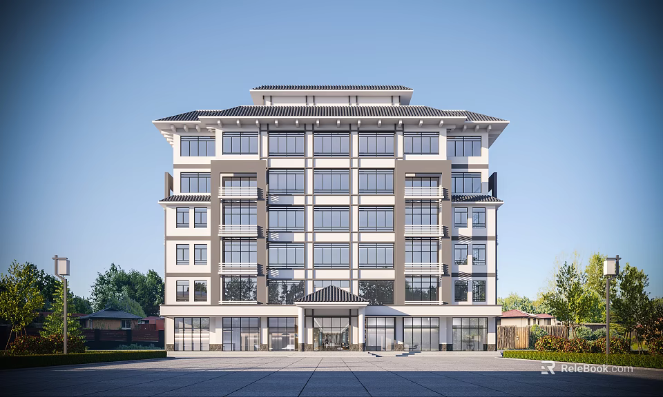 Traditional Modern Fusion Multi Story Office Building With Large Windows Open Plaza And Surrounding Greenery 3d model 