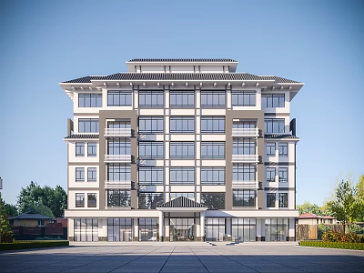 Traditional Modern Fusion Multi Story Office Building With Large Windows Open Plaza And Surrounding Greenery 3d model