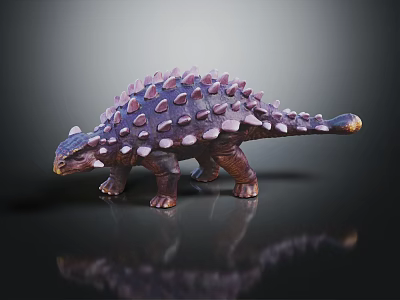 Armored Reptile Dinosaur Model with Purple Brown Spikes on Black Surface with Reflection 3d model