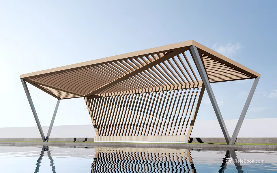 Modern Pergola With Geometric Structure And Wooden Slatted Roof Over Pool 3d model 