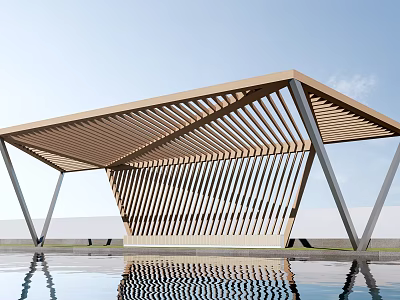 Modern Pergola With Geometric Structure And Wooden Slatted Roof Over Pool 3d model