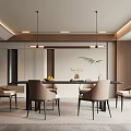 Modern Restaurant Interior With Dining Table Chairs Pendant Lights And Light Colored Backdrop