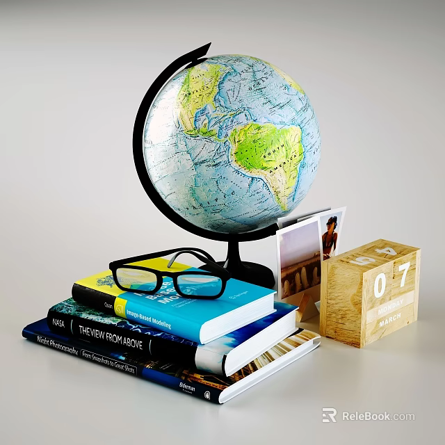 Chic Decorative Ornament Collection With Globe Stacked Books Glasses Wooden Calendar And Photo Frame 3d model 